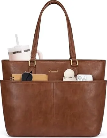 LOVEVOOK Work Tote Bags for Women, Vintage Leather 15.6 Inch Laptop Bag with Large Cup Holder, Teacher Nurse Medical Professional Computer Bag, Office Briefcase Handbag Gift