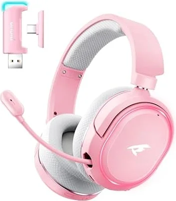 Wireless Gaming Headset, 7.1 Surround Sound, 2.4GHz USB Gaming Headphones with Bluetooth 5.4, 100H Battery, ENC Noise Canceling Mic, RGB Light, Wireless Headset for PC PS5 PS4 Mac Switch (Gray-Pink)