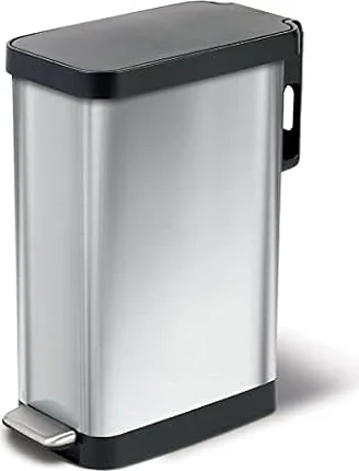 Glad Slim Trash Can with Clorox Odor Protection - Narrow Kitchen Garbage Bin with Soft Close Lid, Step On Foot Pedal and Waste Bag Roll Holder, Stainless Steel, 12 Gallon/45 Liter