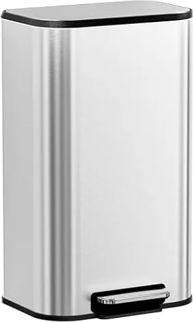 Arlopu 13 Gallon 50L Square Step Kitchen Trash Can, Stainless Steel,Silver