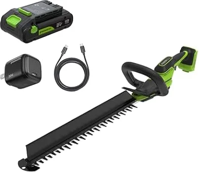 Greenworks 24V 20in Hedge Trimmer, 2.0 Ah Battery and Charger Included | Debris collector sweeps clippings away while cutting for a cleaner finish; brushless power boosts torque and motor life.