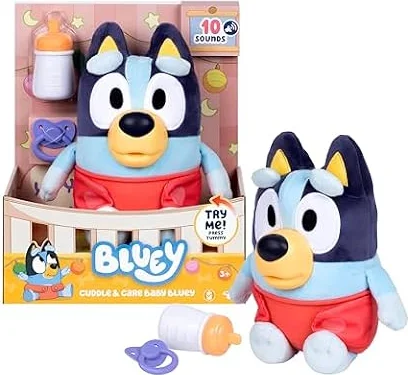 Bluey Toys, Care and Cuddle Baby Plush Toy, 11", 10 Sounds, Ages 3+ | Includes bottle, pacifier, and removable cloth diaper for nurturing play, interactive toddler toys
