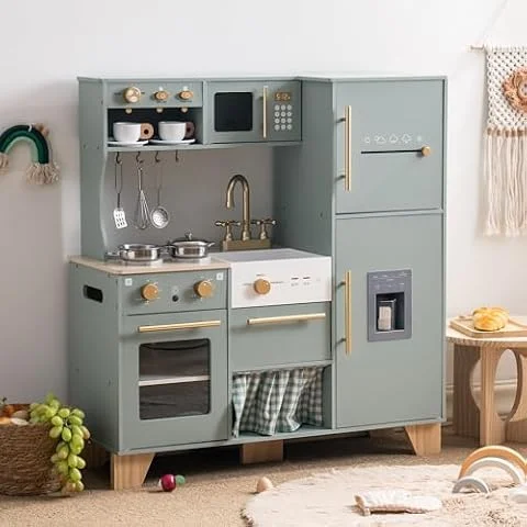 ROBUD Play Kitchen Set, Wooden Play Kitchen | with Ice Maker, Fridge, Coffee Machine, Oven, Dishwasher, Microwave, Kitchen Accessories, Toy Kitchen Gift for Boys Girls, 3+