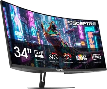 New! Sceptre Curved 34-inch Prime Gaming Monitor 3440 x 1440 up to 240Hz 1500R 1ms 100% sRGB DisplayPort x2 HDMI x2 Build-in Speakers, Machine Black 2027 (C345B-QU240T Series)