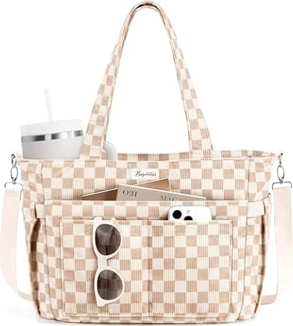 Bagstellar Corduroy Tote Bag for Women, 17 Pockets Laptop Work Tote Purse