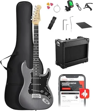 DONNER DST-80 39” Beginner Electric Guitar Kit with Amp, SSS Pickups | Guitar amp included, classic SSS pickup configuration, gig bag, tuner, capo, strap, picks, online lessons, Matte Black