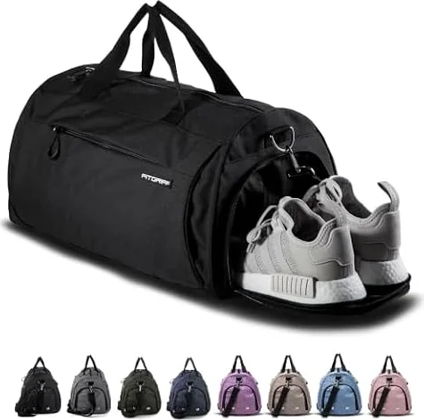 Fitgriff® Gym Bag for Men & Women with Shoe & Wet Compartment - Duffle Bag for Travel, Sports, Fitness & Workout (Full Black, 19 x 10 x 10″ (Small))