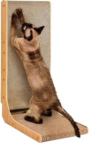 EHEYCIGA Cardboard Cat Scratcher for Indoor Cats, 26.8 Inch, Brown | L Shaped Scratching Post, Vertical Cat Scratching Board with Ball Cat Toy, Furniture Protector, Large Cat Scratch Pad