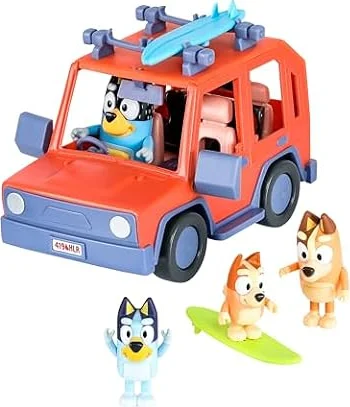 Bluey Heeler 4WD Family Toddler Toy Car, Pretend Play Toys, 4 Figures | Surfboards and sticker sheet, Bluey toy playset for kids ages 3+, Bluey and Bingo toys, Amazon exclusive