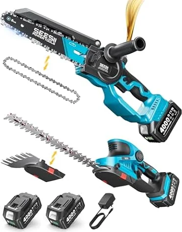 SEESII 3 in 1 Cordless Mini Chainsaw & Hedge Trimmer, Grass Shear Combo | 8 Inch Electric Chain saw Brushless,2x 4000mAh Batteries,Handheld Trimmer, Ergonomic Yard Garden Tool Set for Trimming
