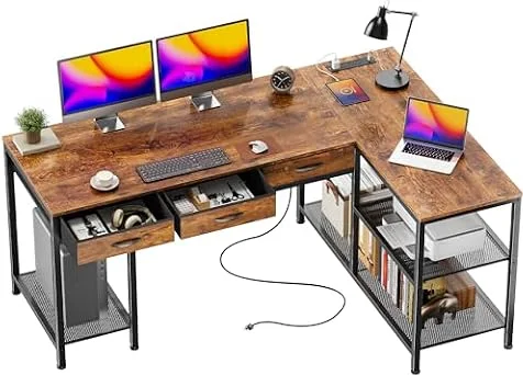 PRAISUN 55 Inch L Shaped Office Desk with Power Outlets and Type-C Port | Large Computer Gaming Desk with 3 Fabric Drawers, Mesh Shelves, Corner Study Work Writing Desk, Rustic Brown