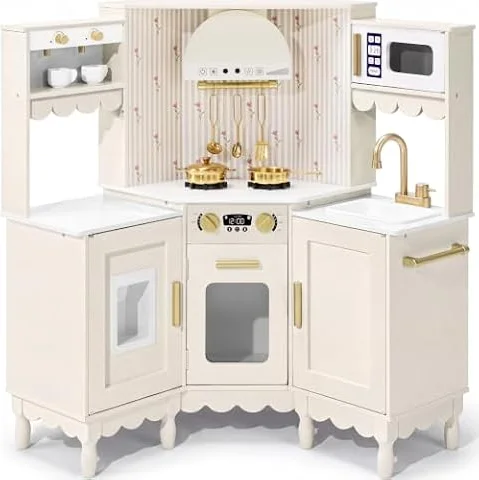 Best Choice Products Cottage Corner Play Kitchen for Kids, Wooden Toy Kitchen with Espresso Machine, Ice Maker, Oven, Microwave & Sink, 11-Piece Set, Pretend Play Kitchen for Toddlers - Cream