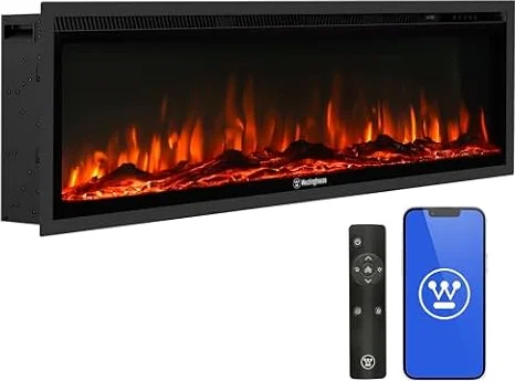 Westinghouse 50 Inch Electric Fireplace Heater, Compatible with Alexa & Google Home, Wall Mount or in-Wall Recessed Fireplace Insert, 24 Hour Timer, Color Changing Flames, 750W/1500W Indoor Heater
