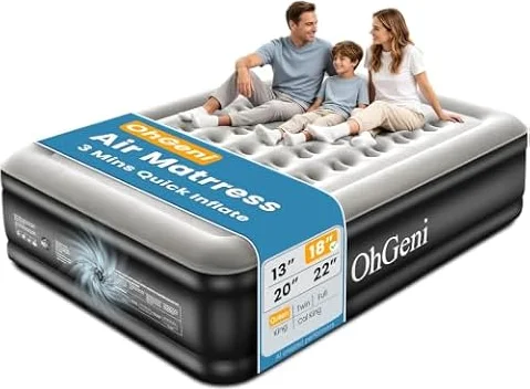 OhGeni Air Mattress Queen with Built in Pump, 18" Raised Blow up Bed, 800lb | Inflatable Mattress, Advanced Coil-Beam Support, 3 Mins Inflation, 40% Thicker PVC, Waterproof, 10 Year Product Support