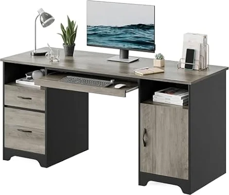 Bestier 59" Executive Desk, File Drawer, Keyboard Tray & 2 Drawers, Gray