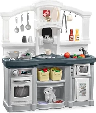 Step2 Fun with Friends Kids Kitchen Playset, Lights & Sounds, Gray | Interactive Lights & Cooking Sounds, 25-Piece Accessory Set, Ample Storage, Easy to Clean, Durable Plastic, Ages 2+