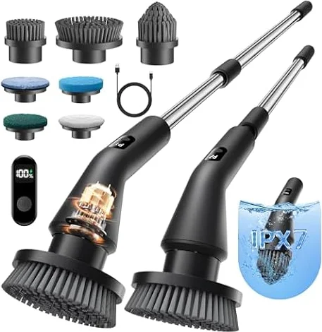 Electric Spin Scrubber, Power Shower Cleaning Brush with Extendable Handle | Cordless Cleaning Scrubber, 7 Brush Heads, IPX7 Waterproof, 2 Speeds, 90min Runtime for Bathroom Kitchen Cleaning