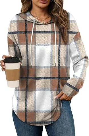 Bofell Hoodies for Women Long Sleeve Shirts Early Fall Fashion Must Haves 2026 Teachers Outfits Winter Maternity Clothes Plaid Brown L