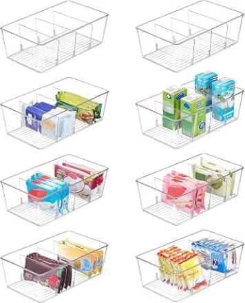Vtopmart 8 Pack Food Storage Organizer Bins, Clear Plastic, 4 Compartments | For Pantry, Kitchen, Fridge and Cabinet Organization, Organize Food Packets, Snacks, Pouches and Spice Packets