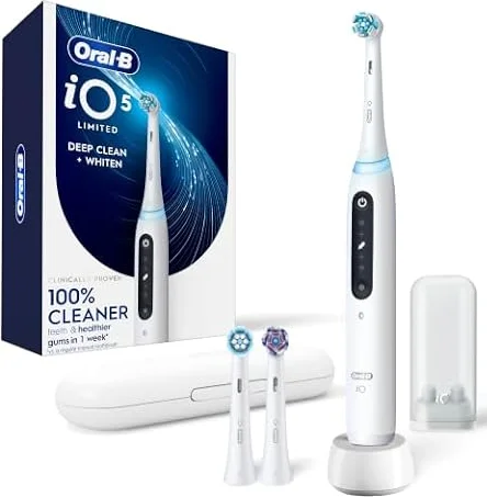 Oral-B Rechargeable Electric Toothbrush, iO5 Limited Deep Clean & Whiten, 5 Cleaning Modes, Visual Pressure Sensor to Protect Gums, Travel Case, 3 Brush Heads, White