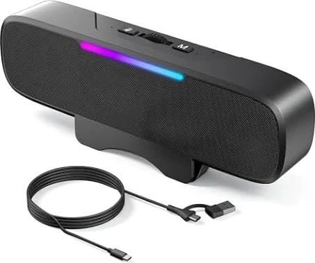 OHAYO Computer Speakers for Desktop PC, USB Plug-in with G-Sensor/16W/BT5.3 | RGB Light, Volume Knob, Loud Sound Monitor Speaker for Laptop with Deep Bass, Easy Clip-on Design, USB-C Adapter (Black)