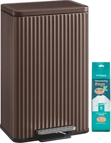 SONGMICS Trash Can, 13 Gallon (50 L), Stainless Steel, with Lid, Pedal | Garbage Can for Kitchen, with Soft Close, Removable Inner Bucket, 15 Trash Bags (Code K) Included, Brown ULTB586MZ01