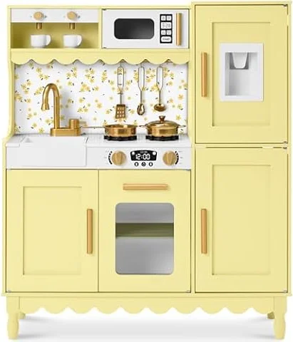 Best Choice Products Deluxe Kids Cottage Play Kitchen for Toddlers, Butter | Wooden kitchen playset includes 11 accessories, espresso machine, refrigerator with ice maker, toy storage, microwave & oven