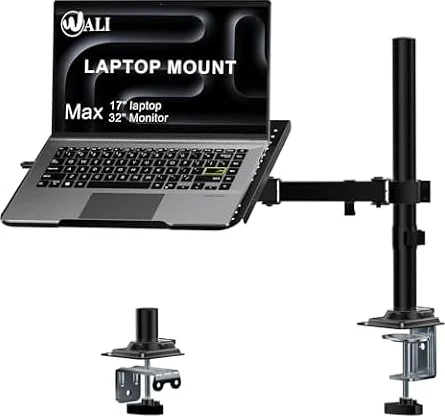 WALI Adjustable Laptop Desk Mount for 17 inch Notebook or 32 inch Screen | 2-In-1 Single Monitor Arm with Laptop Holder, Laptop Stand with Ventilated Tray, Up to 22 lbs, (M00LP), Black