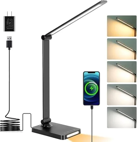 LED Desk Lamp with USB Ports,Touch Desk Lamps for Home Office with 5 Modes | 3 Brightness Desk Light with Small Night Light,Reading Lamp Table Lamp for Bedroom Bedside Study Black （with adapter）