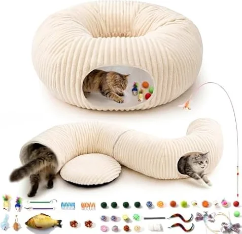 MOYMO Cat Tunnel Bed with 40 Pcs Interactive Cat Toys, White