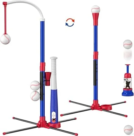 HYES 3-in-1 Baseball Set for Kids with Auto Pitching Machine | Tee Ball Stand, Hanging Tee, Ball Launcher and 6 Softballs - Adjustable Height, Indoor/Outdoor Sport Gifts for Boys Girls