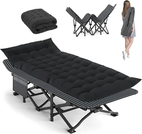 Camping Cot, 28'' Wide Sleeping Cots for Adults, Folding Cot with Pad & Bag | 1200D Double Oxford, Heavy Duty Supports 440LBS, Fits 6'2", Portable Bed for Indoor & Outdoor (Black)