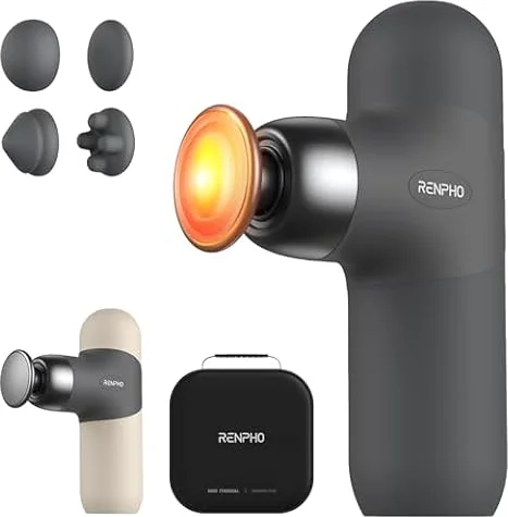 RENPHO Mini Thermal Massage Gun with Heat, Color Silicone Casing, 4 Speeds | Portable, Ultra-Quiet Mini Massage Gun, 4 Heads, Neck, Back Muscle Comfort, Carry Case, Home, Office, Travel Use, Gift Idea