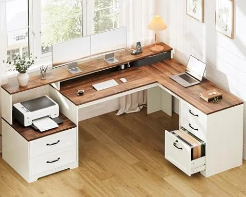 OffiGo Farmhouse 68 Inch L Shaped Executive Desk with Drawers, Walnut+White | Corner Table with Monitor Stand, Office Desk with Printer Shelf, File Cabinet, Outlets, Home Office Computer Workstation