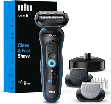 Braun Electric Shaver for Men, Series 5 5150cs, Wet & Dry Razor, Turbo Shaving Mode, Foil Shaver, with Beard Trimmer, Body Groomer and Charging Stand, Blue