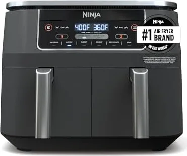 Ninja Foodi Air Fryer, 8 Qt DualZone, 6-in-1, Grey, DZ201 | Air fry, roast, broil, bake, reheat, dehydrate, 2 independent baskets, Smart Finish, Match Cook