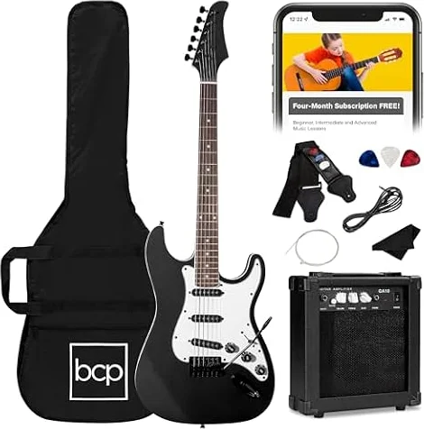 Best Choice Products 39in Full Size Beginner Electric Guitar Starter Kit w/Case, Strap, 10W Amp, Strings, Pick, Tremolo Bar - Jet Black