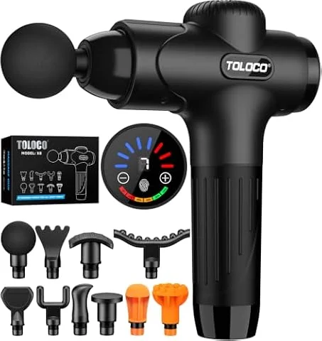 TOLOCO Massage Gun Deep Tissue, Percussion Massage Gun with 10 Replacement Heads, Super Quiet Portable Electric Massager for Athletes, Relax, Fathers Day Dad Gifts, Black