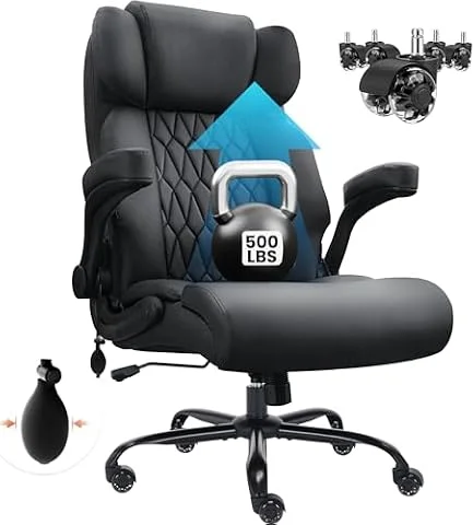 500lbs Big and Tall Office Chair Adjustable Lumbar Support for Back Pain, Extra Wide Seat Executive Office Chair Thick Armrest Pad, Heavy Duty Base&Upgraded Wheels, Ergonomic Desk Chair