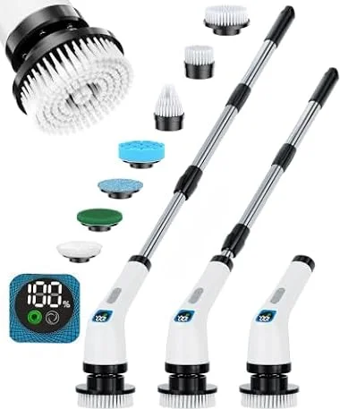 Electric Spin Scrubber with Long Handle | Shower Cleaner Brush for Bathroom | Dual-Speed Cordless Power Scrubber with 7 Brush Heads | IPX7 Waterproof Scrub Brush for Bathtub Tile Grout Glass Pool
