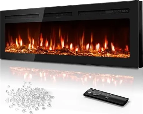 Tehanld 60" Ultra-Thin Electric Fireplace Heater, Recessed Wall Mounted | 60-99°F Thermostat, 0/750/1500W Fast Heating, Child Lock, 12H Timer, Realistic Flame, Log & Crystal for Living Room