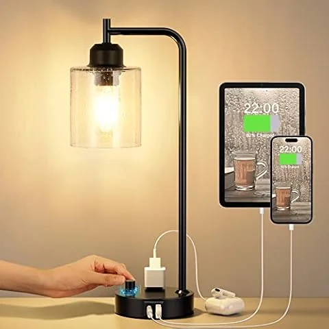 Industrial Desk Lamp, Fully Dimmable Small Bedside Table Lamp, Black, USB C | Glass Shade, USB C+A Charging Port & Outlet, Lamps for Bedroom, Night Stand, Home Office, Living Room