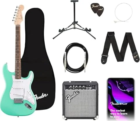Fender Squier Debut Stratocaster Beginner Electric Guitar Kit Seafoam Green | Complete starter pack with Frontman 10G amp, padded gig bag, strap, free lessons, 2-year warranty included