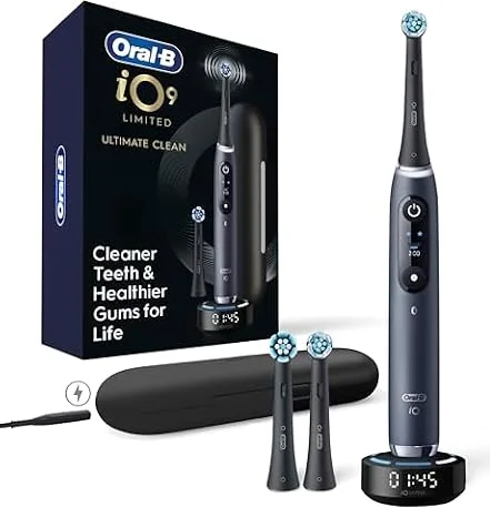 Oral-B Rechargeable Electric Toothbrush, iO9 Limited Ultimate Clean, 7 Cleaning Modes, Interactive Display, iSense Charger, Charging Travel Case, Visible Pressure Sensor, 3 Brush Heads, Black