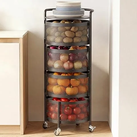 JAQ No Assembly Rotating Kitchen Storage Rack, 4-Tier Metal Basket Organizer with Wheels, Vegetable & Fruit Storage Cart for Pantry, Potato and Onion Storage, Black