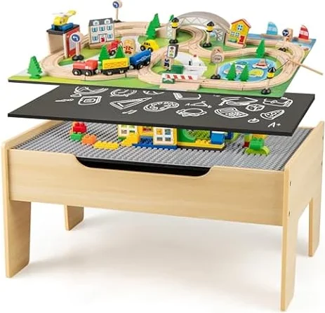 Costzon Train Table, 5 in 1 Kids Activity Wooden Set w/ 78 Pieces Railway Playset, Reversible Map Top, Blackboard, Building Bricks Station & Large Storage Space, Toddler Sensory Table for 18 M+