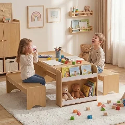 Callales Kids Table and Bench Set, Montessori Kids Table and Chair Set, Indoor Wooden Toddler Activity Table with Bookshelves, 37”X22” Desktop, Children Desk for Home, Classroom, Boys, Girls (Natural)