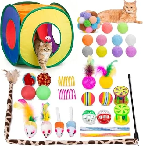 Retro Shaw 33Pcs Cat Toys Pack for Indoor Cats Kitten, with Cube Tunnel