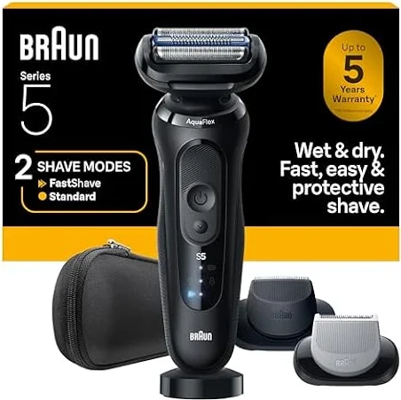 Braun Series 5 Electric Shaver for Men, Wet & Dry Foil Razor, Precision Trimmer Attachment, Body Groomer Attachment, Charging Stand, Travel Case, Black 5155cs