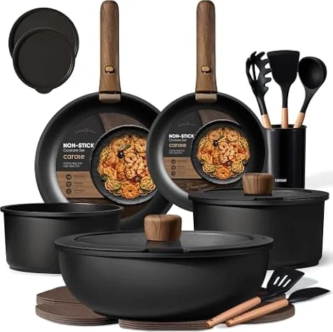 CAROTE 21pcs Pots and Pans Set Non Stick, Detachable Handle Cookware, Black